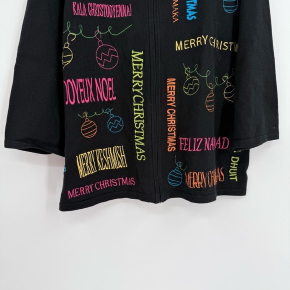 Christopher & Banks Size L Cardigan Christmas Holiday Word Sweater Zip Up Black - Picture 2 of 7